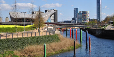 New buildings and landscaping transform the environment at Stratford; part of a huge regeneration programme from industrial wasteland in the Borough of Newham, London.